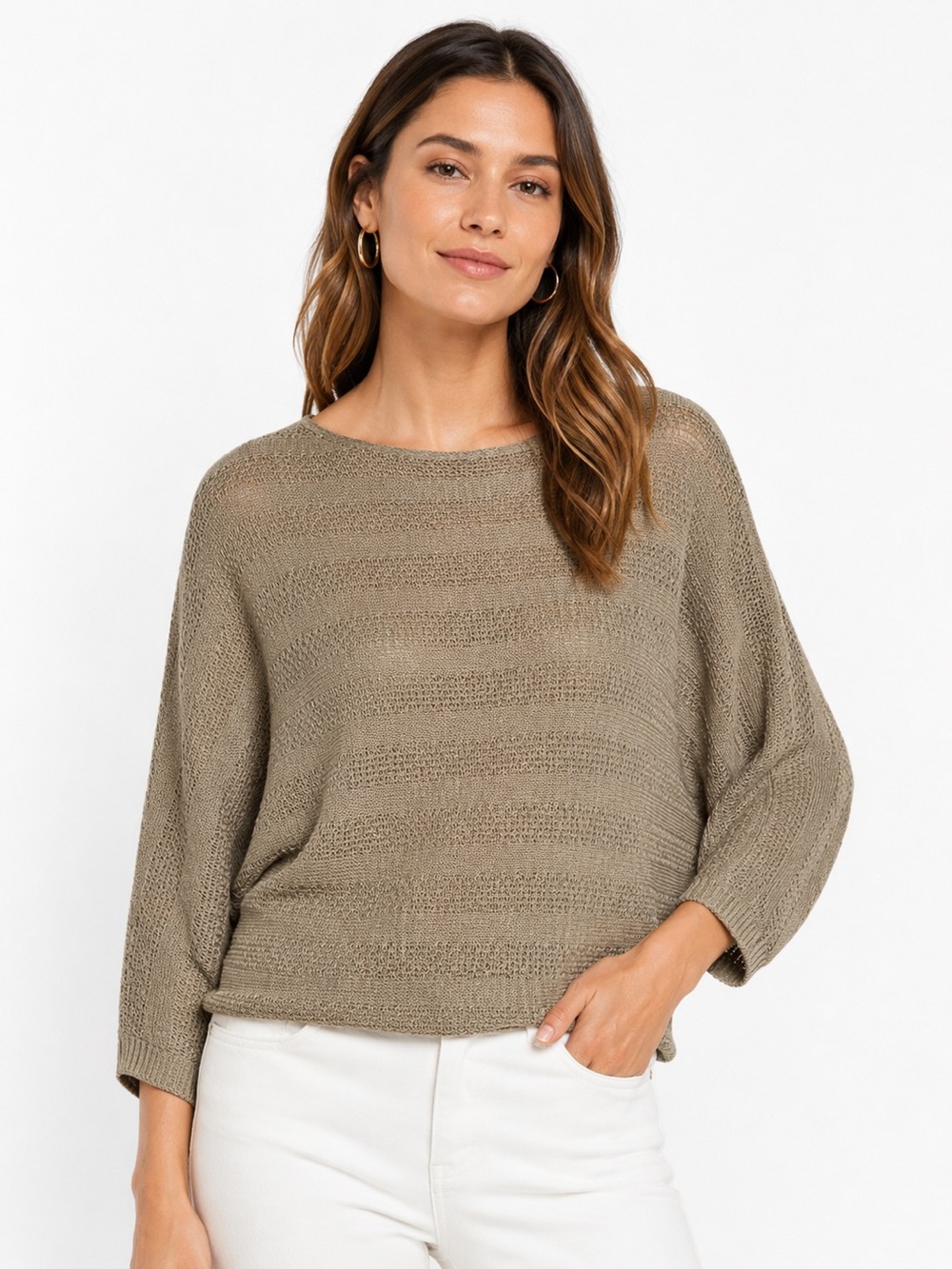 Tahari Olive Green Lightweight Knit Crewneck Sweater